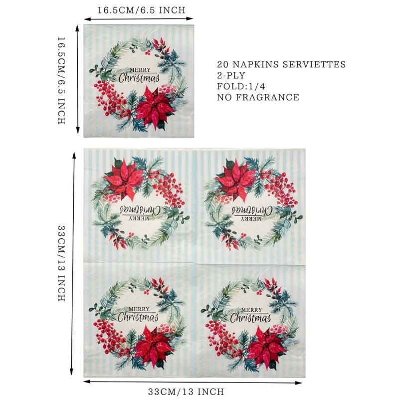 20pcs Christmas Wreath Paper Napkins Xmas Party Decor Home
