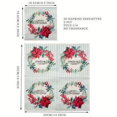 20pcs Christmas Wreath Paper Napkins Xmas Party Decor Home