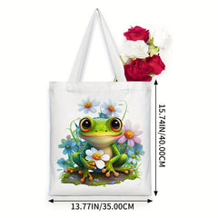 Frog & Flower Pattern Canvas Tote Bag Women's Portable Anime Shoulder Bag