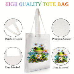 Frog & Flower Pattern Canvas Tote Bag Women's Portable Anime Shoulder Bag