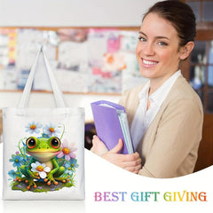 Frog & Flower Pattern Canvas Tote Bag Women's Portable Anime Shoulder Bag