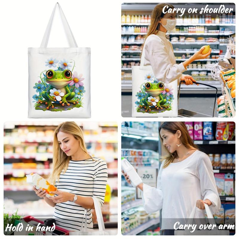 Frog & Flower Pattern Canvas Tote Bag Women's Portable Anime Shoulder Bag