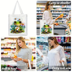 Frog & Flower Pattern Canvas Tote Bag Women's Portable Anime Shoulder Bag