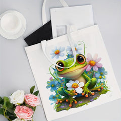 Frog & Flower Pattern Canvas Tote Bag Women's Portable Anime Shoulder Bag
