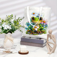 Frog & Flower Pattern Canvas Tote Bag Women's Portable Anime Shoulder Bag