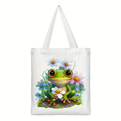 Frog & Flower Pattern Canvas Tote Bag Women's Portable Anime Shoulder Bag