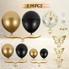 136pcs Assorted Reusable Latex and Golden Balloons Kit