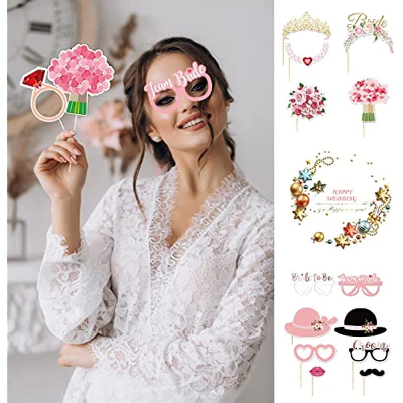 32pcs Wedding Photo Booth Props Pink Bridal Groom Shower Sign Kit