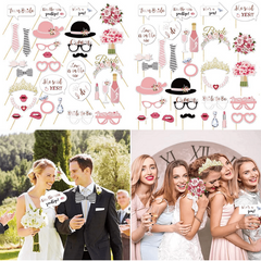 32pcs Wedding Photo Booth Props Pink Bridal Groom Shower Sign Kit