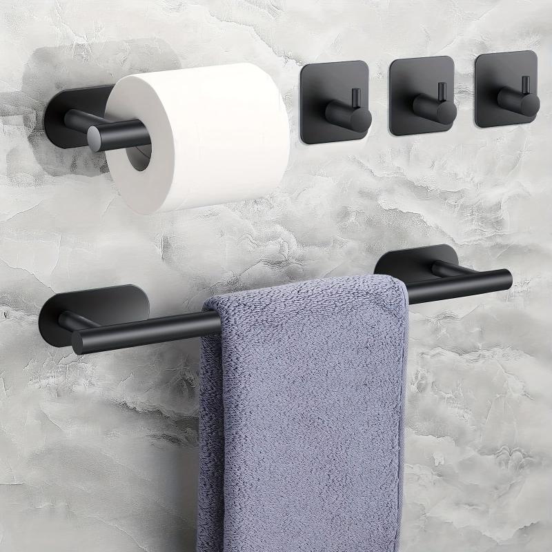 5pcs Self Adhesive Towel Holder Set with Hooks & Toilet Paper Holder