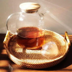 Round Rattan Tray with Handle for Serving Food, Snacks - Home Plate Holder