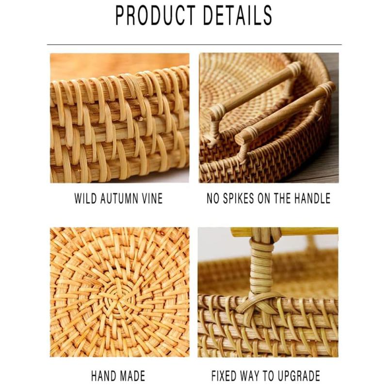 Round Rattan Tray with Handle for Serving Food, Snacks - Home Plate Holder