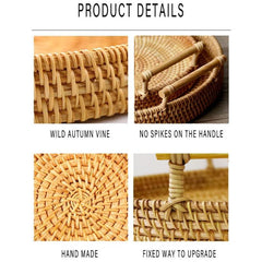 Round Rattan Tray with Handle for Serving Food, Snacks - Home Plate Holder