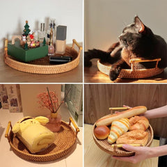 Round Rattan Tray with Handle for Serving Food, Snacks - Home Plate Holder