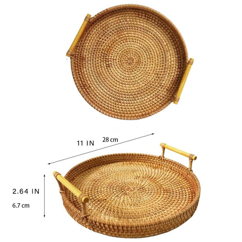 Round Rattan Tray with Handle for Serving Food, Snacks - Home Plate Holder