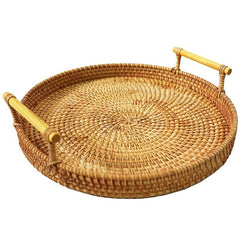 Round Rattan Tray with Handle for Serving Food, Snacks - Home Plate Holder