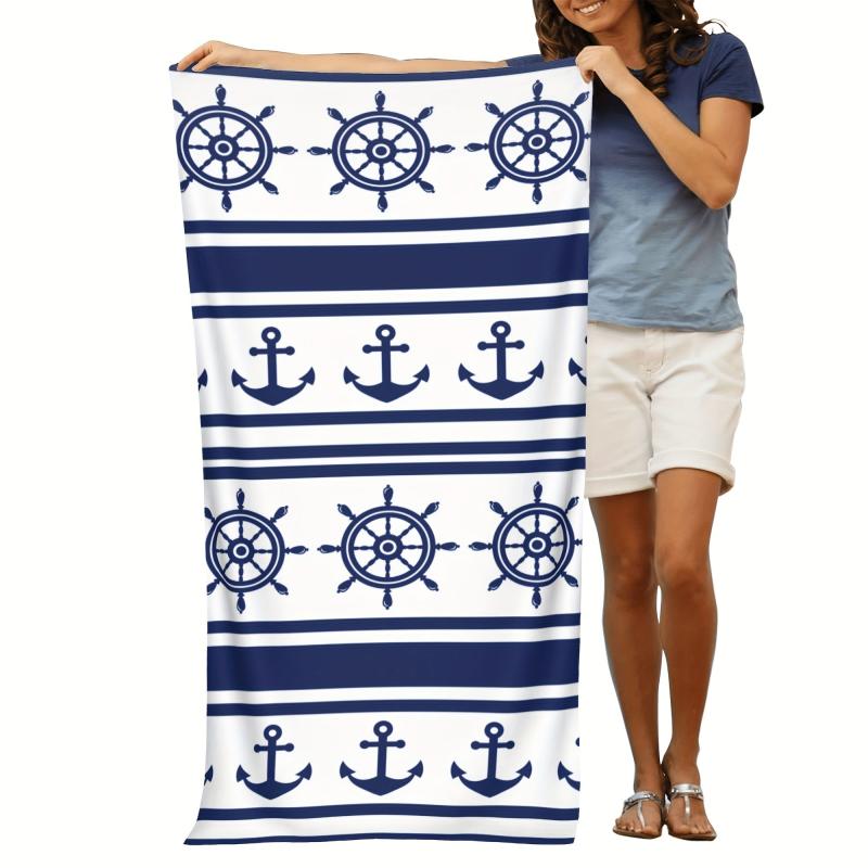 Modern Anchor & Helm Striped Beach Towel Large Microfiber Absorbent Lightweight