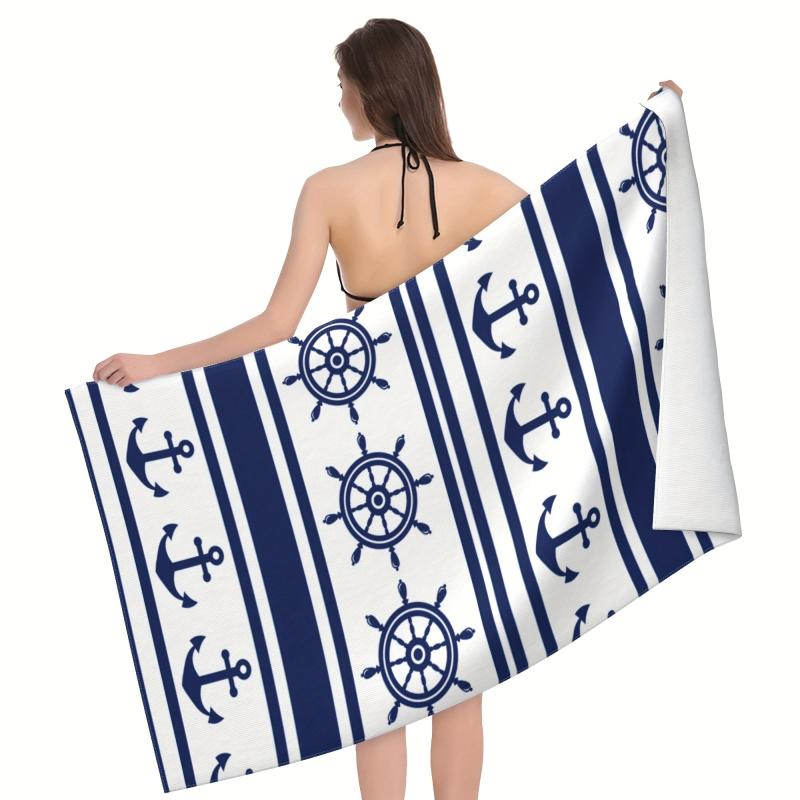 Modern Anchor & Helm Striped Beach Towel Large Microfiber Absorbent Lightweight