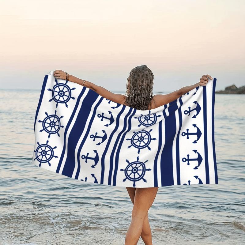 Modern Anchor & Helm Striped Beach Towel Large Microfiber Absorbent Lightweight