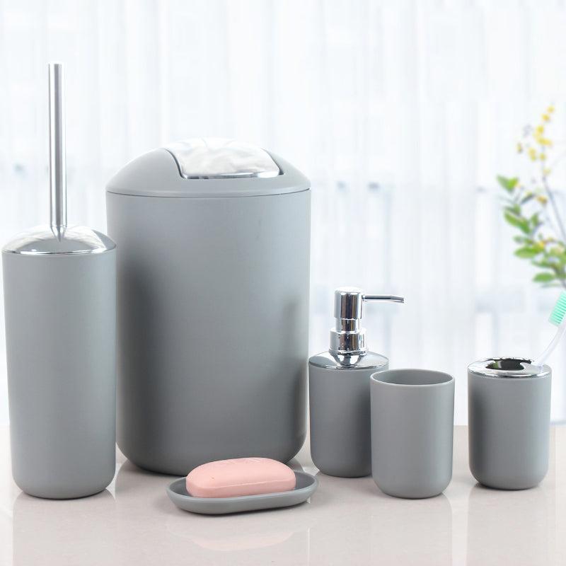 6pc Plastic Bathroom Set Soap Dispenser Toothbrush Holder Trash Can