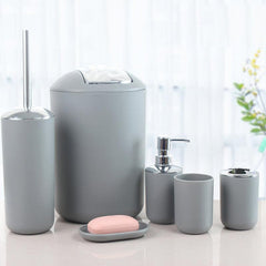6pc Plastic Bathroom Set Soap Dispenser Toothbrush Holder Trash Can