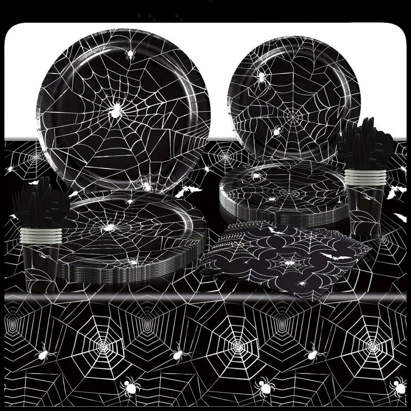 60pcs Halloween Spider Web Party Tableware Set Paper Tray Cup Towel Supplies