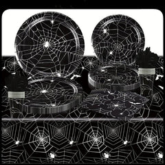 60pcs Halloween Spider Web Party Tableware Set Paper Tray Cup Towel Supplies