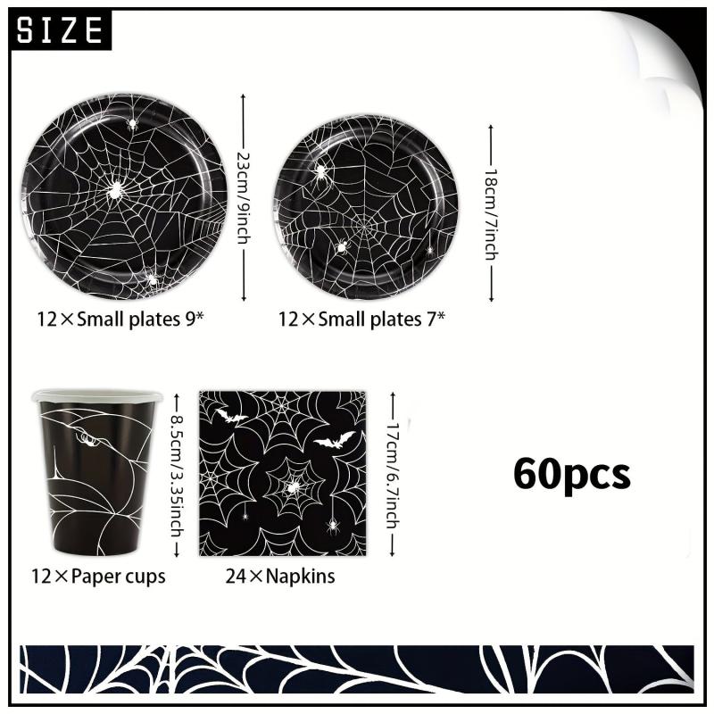 60pcs Halloween Spider Web Party Tableware Set Paper Tray Cup Towel Supplies