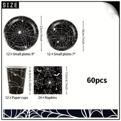 60pcs Halloween Spider Web Party Tableware Set Paper Tray Cup Towel Supplies