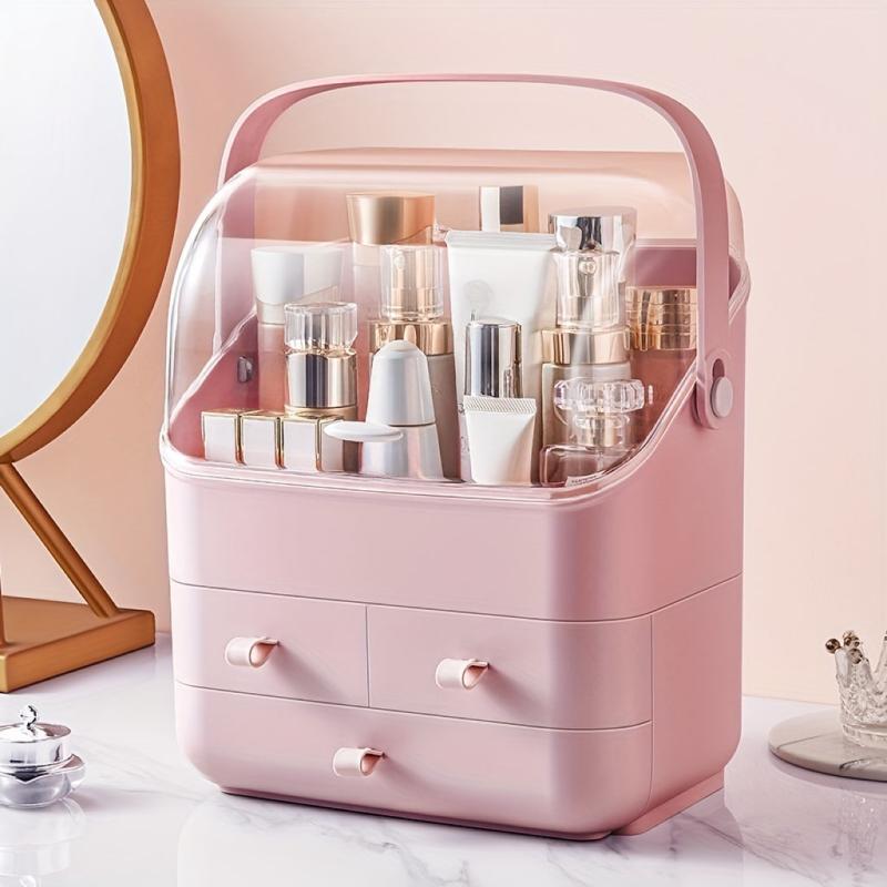 Large Capacity Cosmetic Storage Box with Lid, Handle & Drawer