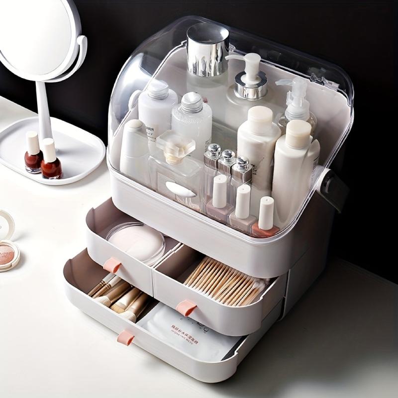 Large Capacity Cosmetic Storage Box with Lid, Handle & Drawer