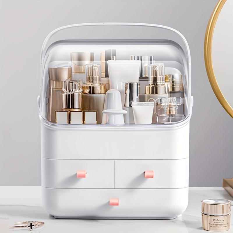 Large Capacity Cosmetic Storage Box with Lid, Handle & Drawer