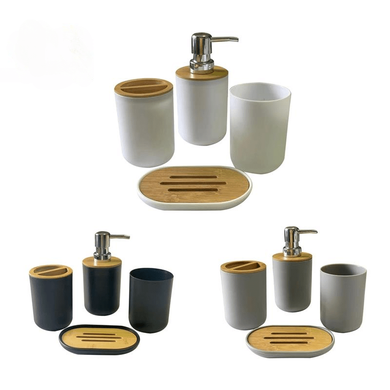 4pc Bathroom Set: Lotion Dispenser, Soap Dish, Cup, Toothbrush Holder