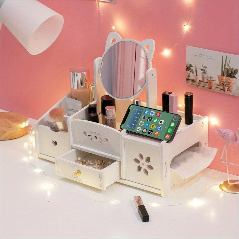 Stylish Cosmetic Storage Box with Mirror - Organize Beauty Collection