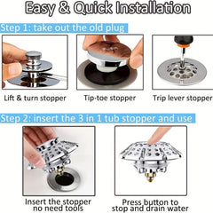 3-in-1 Copper Bathtub Tub Stopper with Hair Catcher Strainer