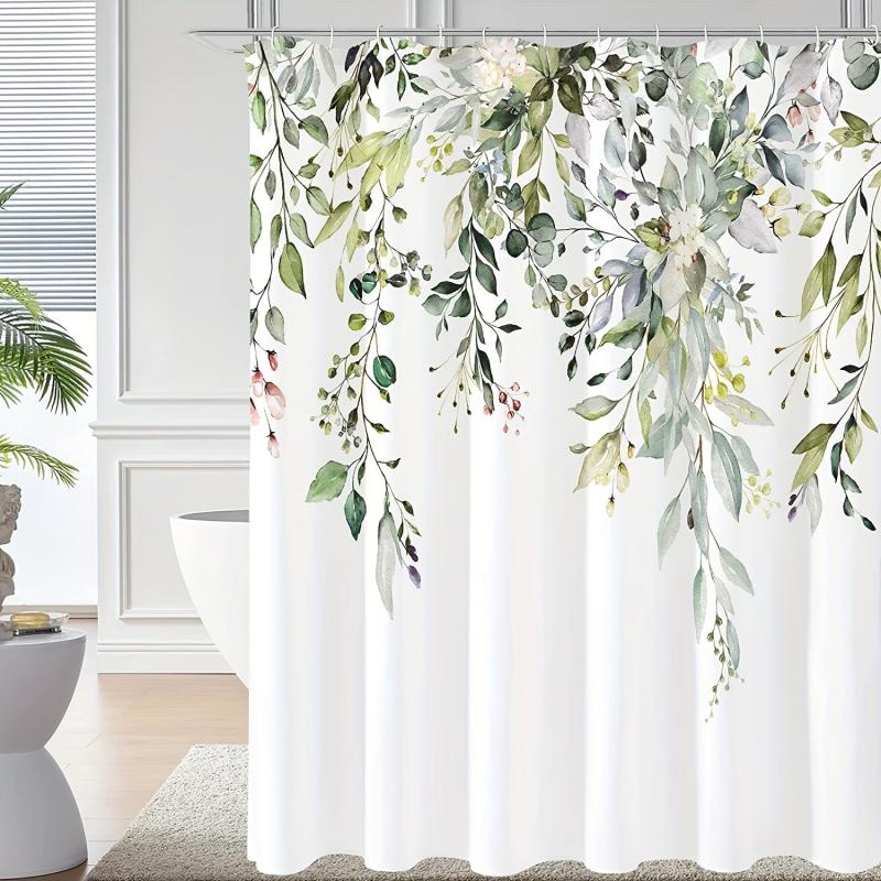 Green Leaves Shower Curtain Durable Plant Shower Curtain With 12 Hooks