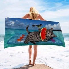 Quick Drying Microfiber Beach Towel Cat and Bird Design
