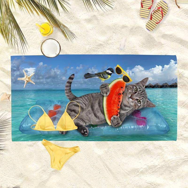 Quick Drying Microfiber Beach Towel Cat and Bird Design