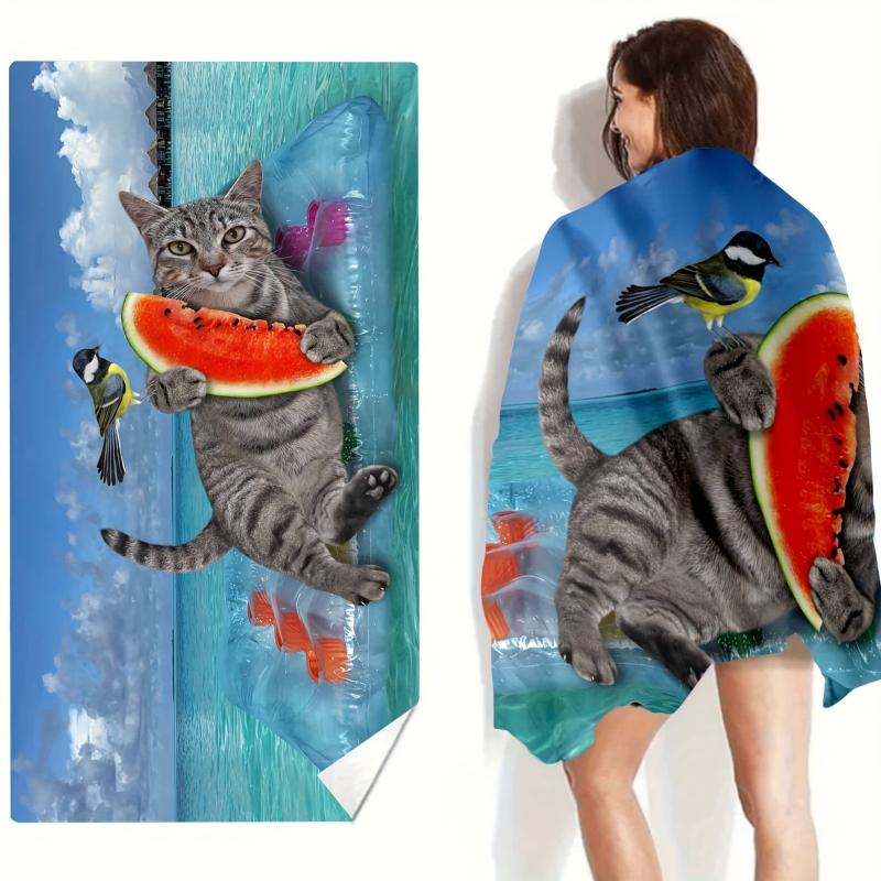 Quick Drying Microfiber Beach Towel Cat and Bird Design