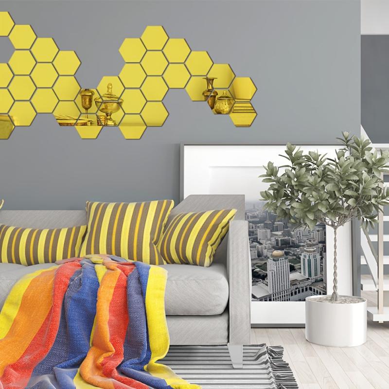 12pcs 3D Hexagon Mirror Wall Decals Self Adhesive Bathroom Removable Stic
