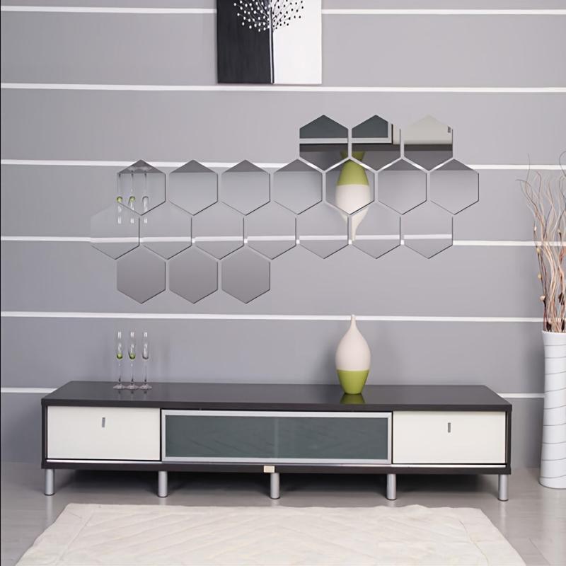 12pcs 3D Hexagon Mirror Wall Decals Self Adhesive Bathroom Removable Stic