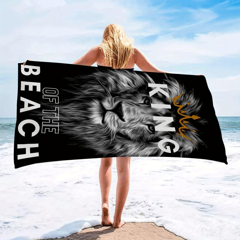 Large Lion & Letter Print Beach Towel Microfiber Sunscreen Protection