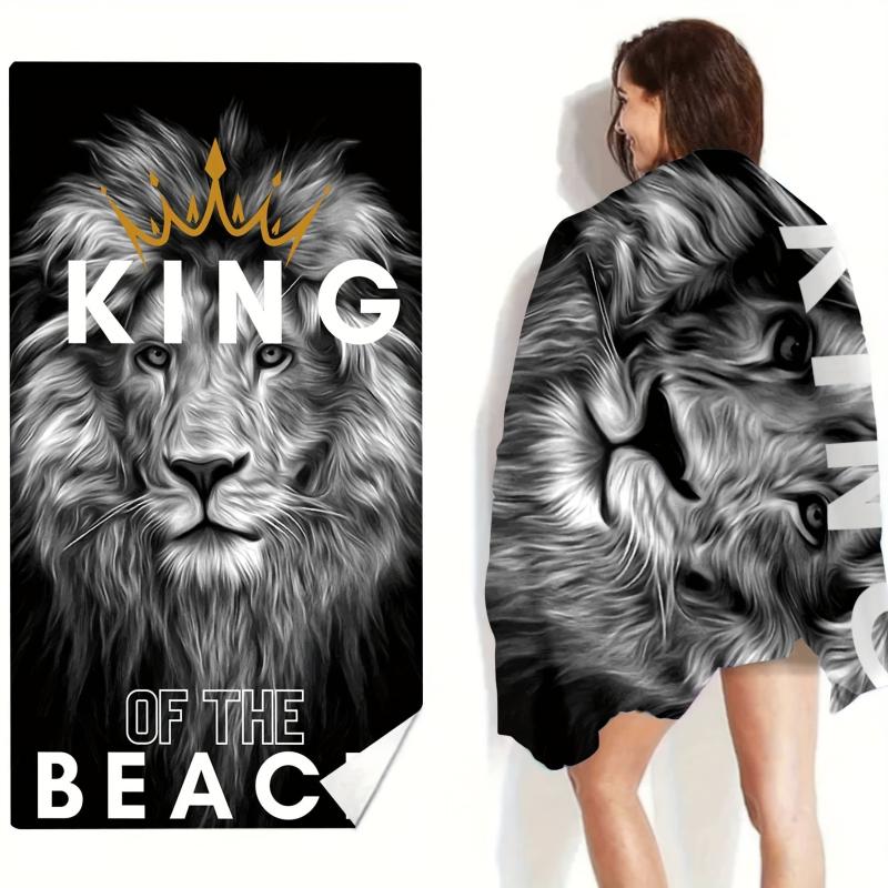 Large Lion & Letter Print Beach Towel Microfiber Sunscreen Protection