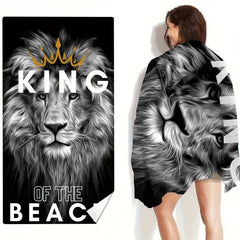 Large Lion & Letter Print Beach Towel Microfiber Sunscreen Protection