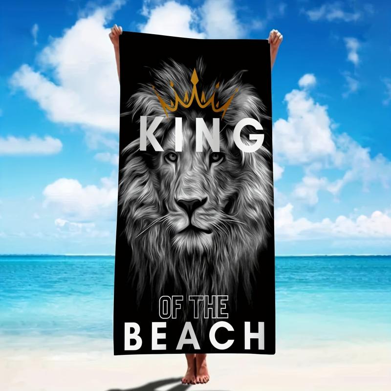 Large Lion & Letter Print Beach Towel Microfiber Sunscreen Protection