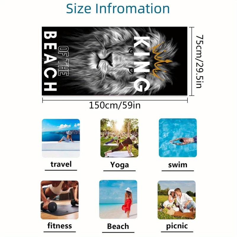 Large Lion & Letter Print Beach Towel Microfiber Sunscreen Protection