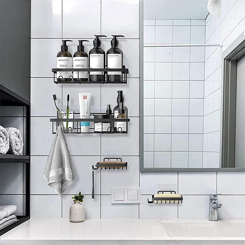 Rustproof Shower Caddy with Hooks - Wall Mounted Adhesive Organizer