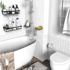 Rustproof Shower Caddy with Hooks - Wall Mounted Adhesive Organizer
