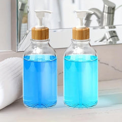 2pcs Clear Soap and Lotion Dispenser Set with Bamboo Pump 16 oz