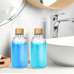 2pcs Clear Soap and Lotion Dispenser Set with Bamboo Pump 16 oz